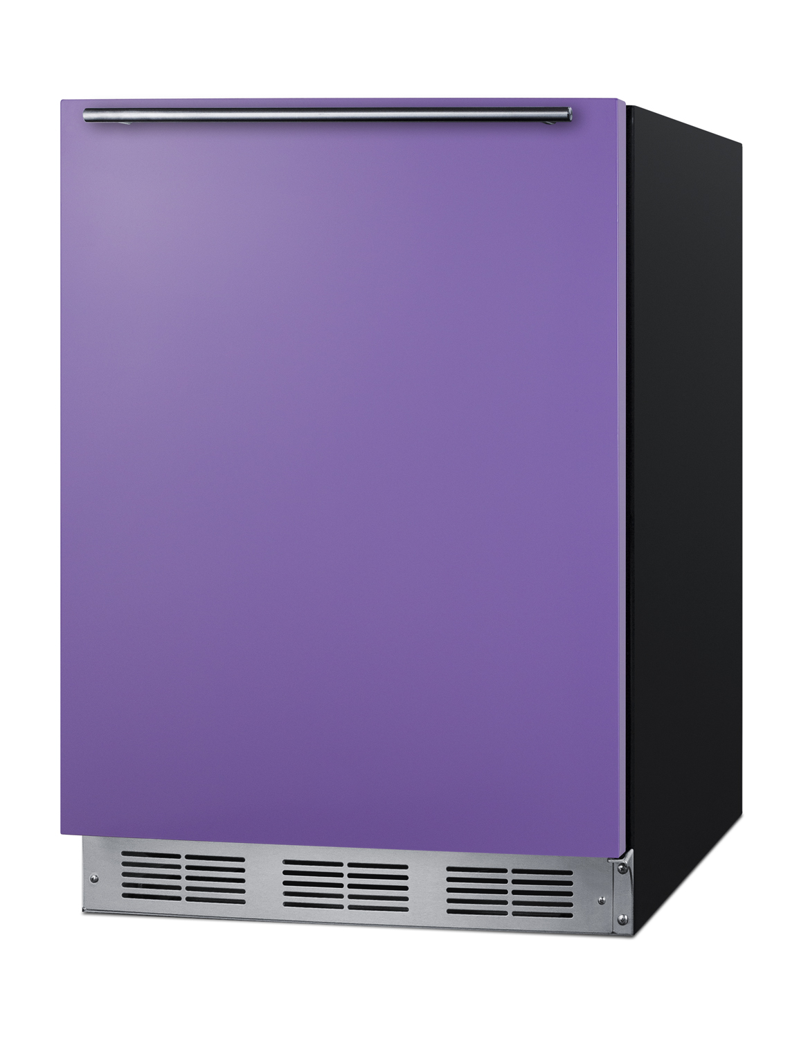 24 in. wide ADA height refrigerator-freezer for residential use with a lavender purple door, stainless steel handle, and black cabinet